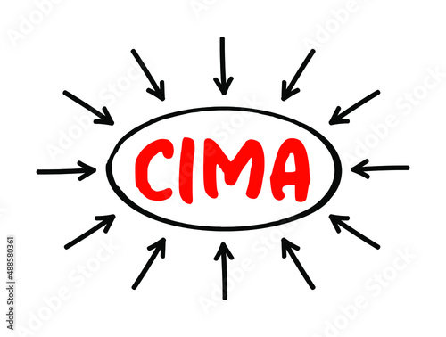 CIMA Chartered Institute of Management Accountants - training and qualification in management accountancy and related subjects, acronym text with arrows