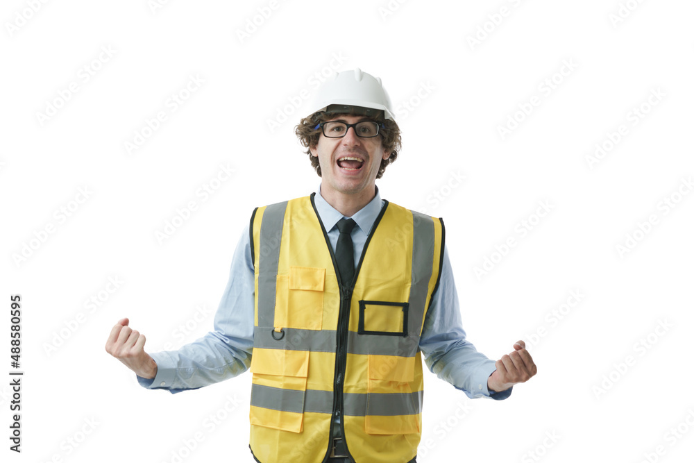Young Caucasian engineer wearing safety uniform with hard hat looking at the camera while have a big smiling while raised his hand up with happiest expression. Isolated image over white background. Young Caucasian engineer wearing safety uniform with hard hat looking at the camera while have a big smiling while raised his hand up with happiest expression. Isolated image over white background.