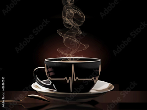 An EKG (ECG) strip, line tracing, showing heart activity decorates a coffee or tea cup. The EKG design illustrates the effect caffeine can have on the heart. This is a 3-d illustration.