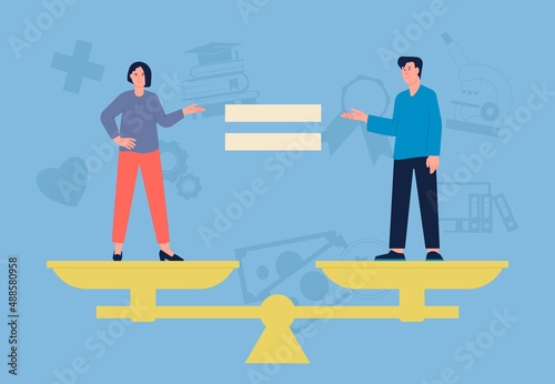 Gender equality. Equilibrium and balancing in business roles between man and woman. Equal and opportunity, male and female on scales, recent vector scene