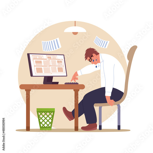 Bored, lazy or tired office male worker sitting at his desk. Procrastinating young man working with computer on workplace. Flat cartoon isolated llustration