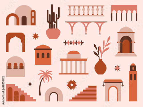 Contemporary trendy architecture. Aestetic maroccan stairs and east style modern futuristic buildings. Abstract bohemian art, arch and windows, swanky vector kit