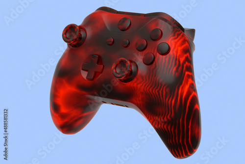 Realistic video game joystick with lava pattern on blue background