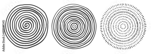 handdrawn circular graphic elements with variable stroke isolated on white background, vector illustration