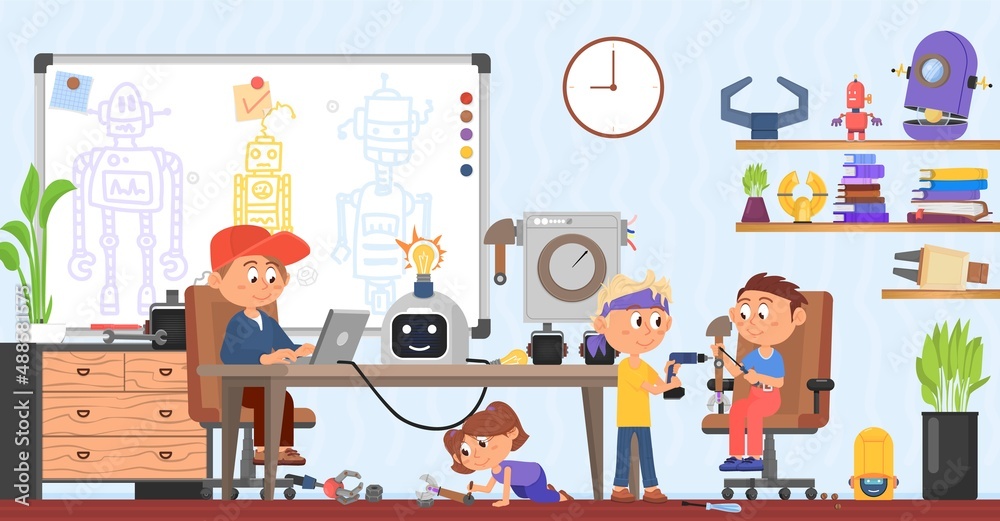 Children robotics. Kids make robots, geek team project. Technology award, students develop and programming android toy. Smart child decent vector scene Children robotics. Kids make robots, geek team project. Technology award, students develop and programming android toy. Smart child decent vector scene