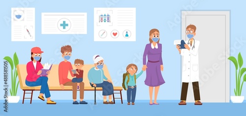 Doctor visiting. Waiting line, patients wear mask in hospital. Professor, health examination. Visit clinic for vaccination or check up, decent vector scene