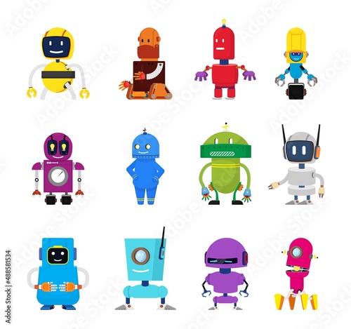 Cartoon robot characters. Energy robots, science robotics for kids. Isolated children toys, cute vintage android elements. Friendly alien, decent vector set