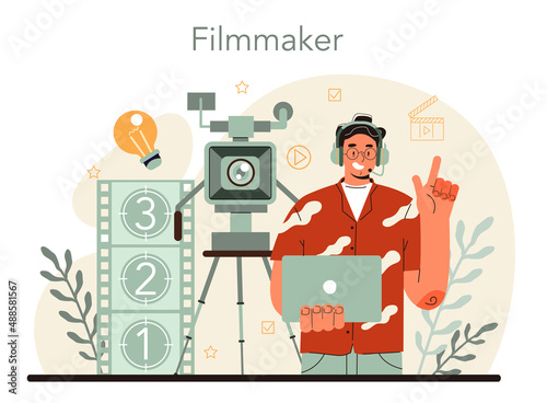 Film director concept. Movie maker leading a filming process. Clapper