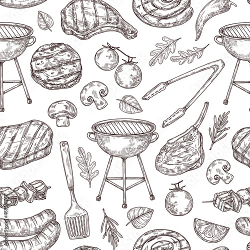 Bbq seamless pattern. Healthy pork grill, barbecue chef party. Restaurant cafe sketch, isolated doodle meat steak. Picnic neoteric vector texture