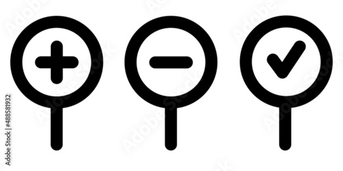 Web icon set. plus or minus tick. Signs in a magnifying glass. Vector illustration.