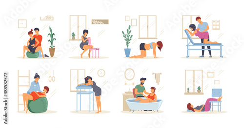 Birth positions set. Pregnant woman labour with comfortable poses with husband or nurse support