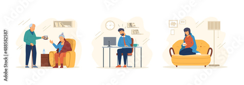 Ill and recovered people at office home armchair set. Elderly and young man woman suffer influenza