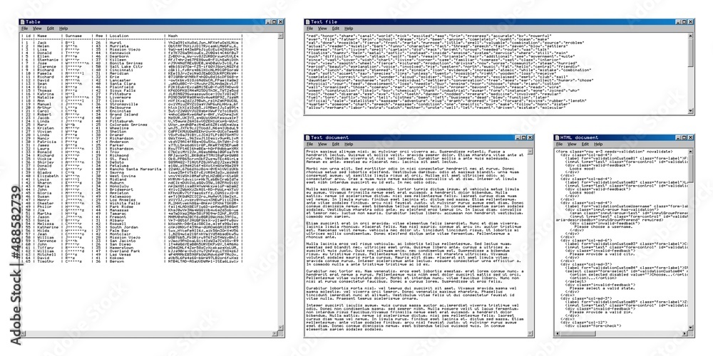 Vintage computer software. 95-98 year UI design style. Text editor application user interface in retro operation system. Classic notepad application, active and inactive windows.