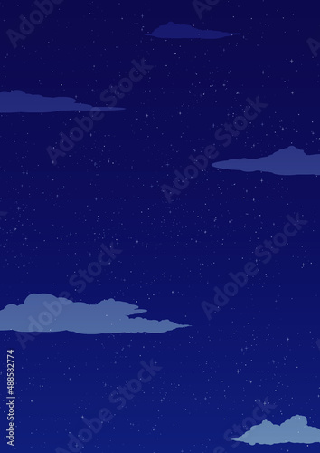 Night starry sky, dark blue space background with stars and clouds. Vector illustration