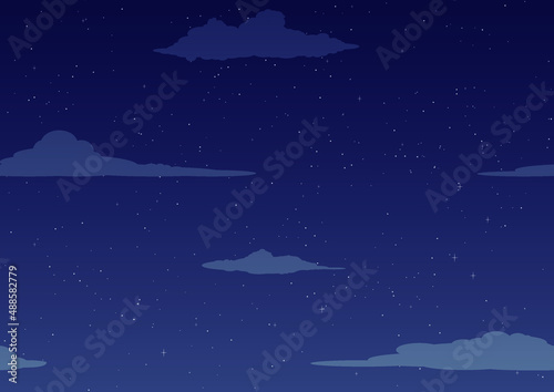 Night starry sky, dark blue space background with stars and clouds. Vector illustration