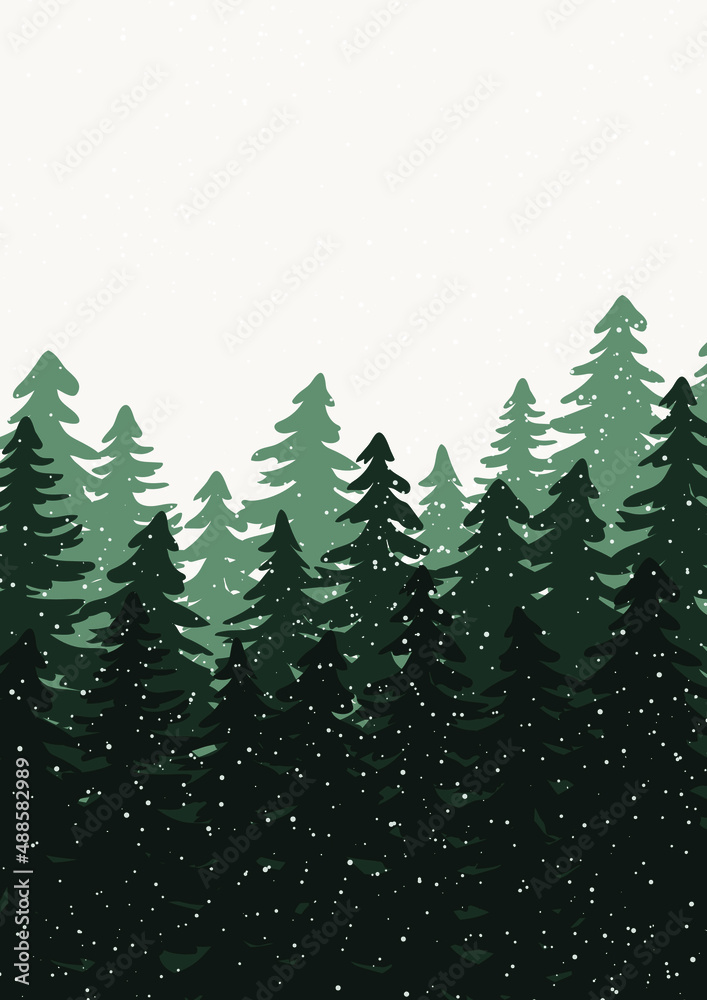 Winter woodland landscape with green spruce, fir trees and white snowflakes. Vector illustration