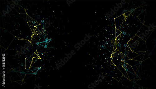 Abstract vector background. Orange and cyan dots connected by lines. Lines plexus in 3d. Vector illustration.