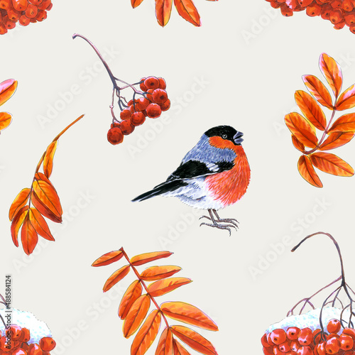 Seamless pattern of leaves and fruits of mountain ash and bullfinch drawn by markers on a cloud dancer background. For fabric, sketchbook, wallpaper, wrapping paper.