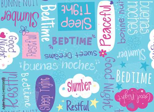 Sweet Dreams and Good Night Vector Pattern: Time for a slumber party. This bedtime themed pattern repeats seamlessly and would be great for backgrounds and surface designs.