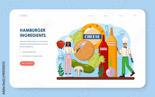 Fast food, burger house web banner or landing page. Chef cook tasty hamburger