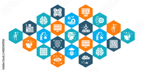 Artificial Intelligence line design web banner. Robotics, Chatbot, Database, Big Data illustration concept for web marketing and graphic design.