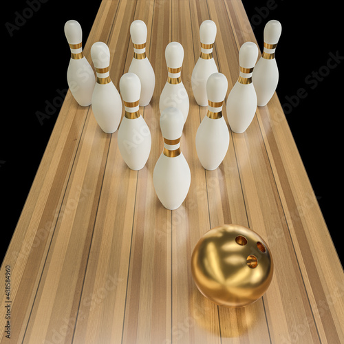 фотографія gold bowling ball and white and gold skittles.