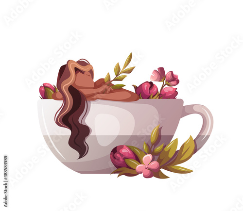 Woman lying in huge teacup. Tea shop, cafe-bar menu, tea lover, tea party, beverages concept. Isolated Vector illustration for poster, banner, card, menu, advertising. 