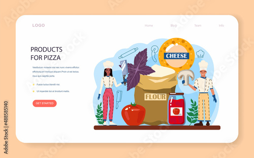Pizzeria web banner or landing page. Chef cooking tasty delicious pizza