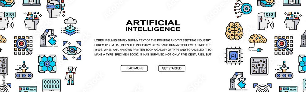 Artificial Intelligence horizontal colorful banner. Robotics, Chatbot, Database, Big Data illustration. Web banner layout template.