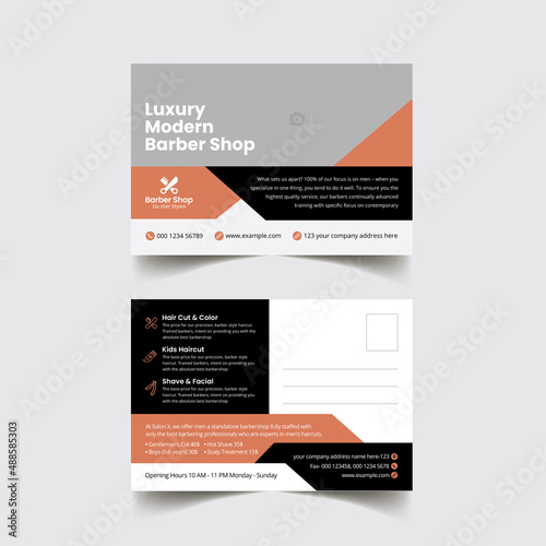 Postcard template for barber shop business. Standard beauty spa salon hair cutting postcard design