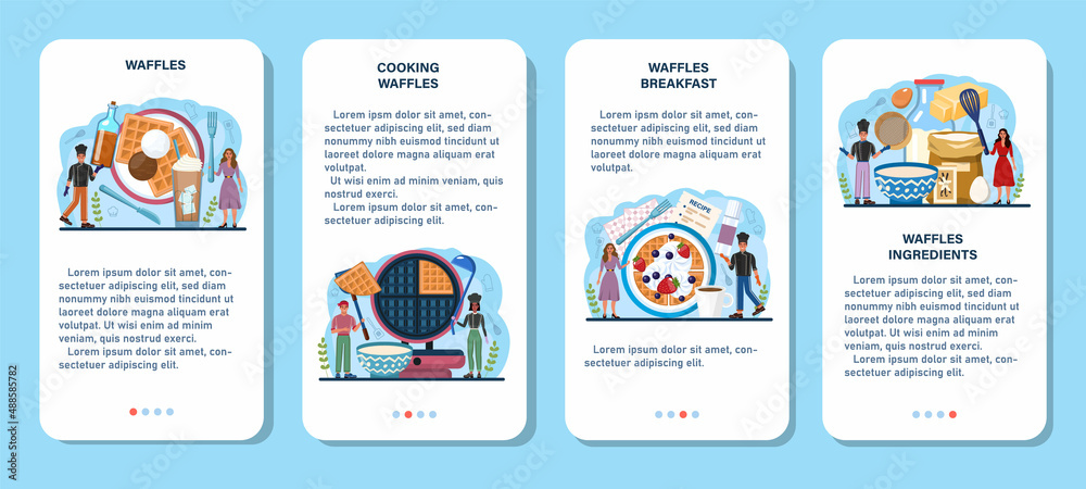 Waffles mobile application banner set. Sweet Belgian pastries with cream
