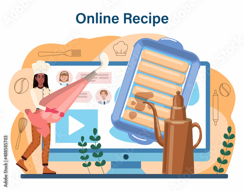 Tiramisu dessert online service or platform. People cooking delicious