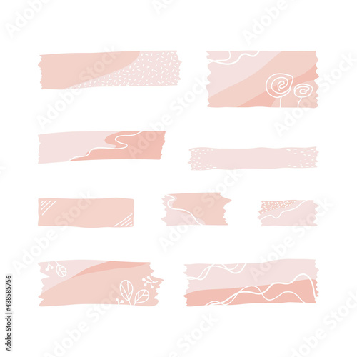 Set of patterned washi tape stripes. Hand drawn doodle sticky tape. 
