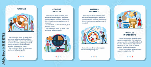 Waffles mobile application banner set. Sweet Belgian pastries with cream