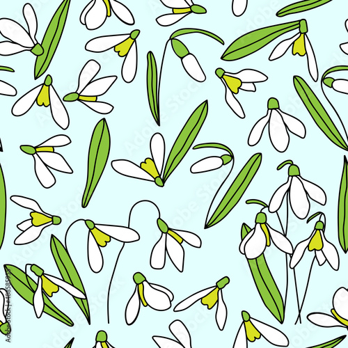 Snowdrops, seamless pattern.  Perfect for backgrounds, wallpapers, textile, fabric, etc
