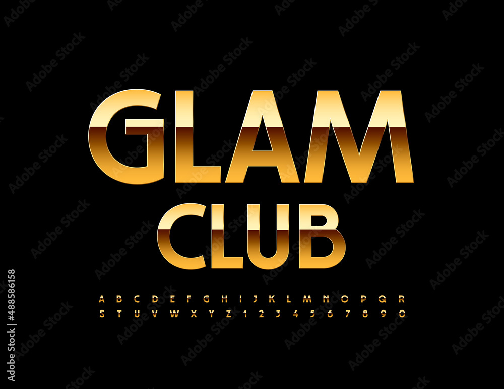 Vector elite banner Glam Club. Gold elegant Font. Glossy luxury Alphabet Letters and Numbers set
