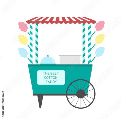 Vector flat illustration of Cotton Candy cart. Fast street food caravan trailer.