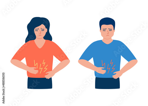 Pain in belly of woman and man, problems with health, ache stomach. People holding her hands on belly and suffering abdominal pain. Stomachache during menstrual period, diarrhea, constipation. Vector