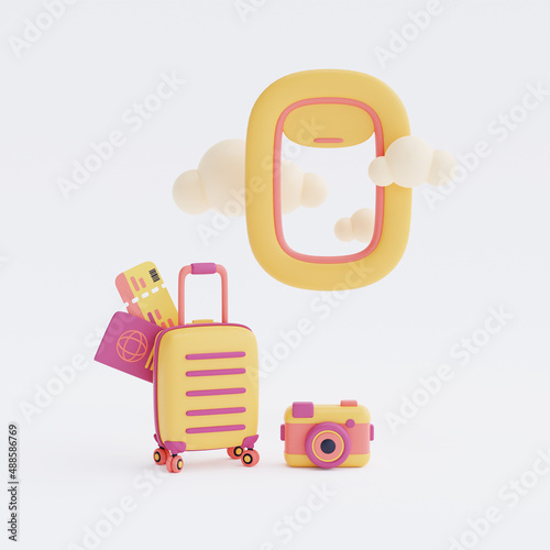 3d render of airplane window with suitcase ,camera and passport,Tourism and travel concept,holiday vacation.minimal style.