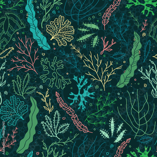 Cute seaweed seamless pattern, hand drawn underwater background, great for textiles, banners, wallpapers, wrapping - vector design