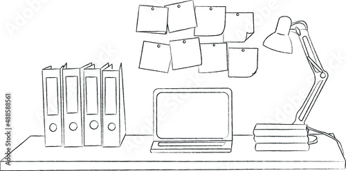 Modern stylish workplace with laptop near wall with stickers