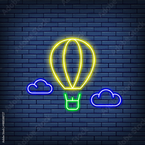 Vector air balloon, aerostat, dirigible neon sign.
