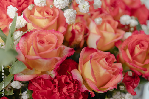 Gift basket with flowers on a white background. Roses, carnations. Flower composition. Gift for Valentines Day.
