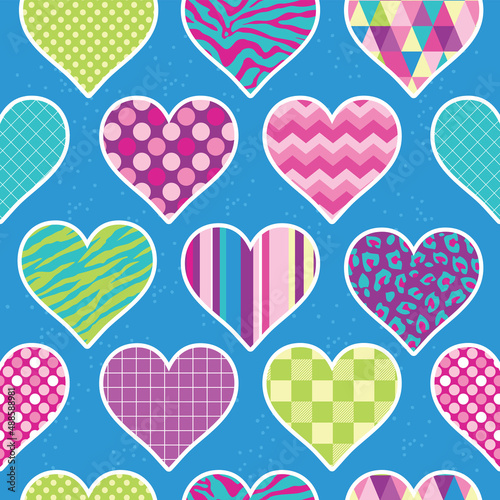 Super fun rainbow heart pattern reminiscent of 1980s or 1990s little girls styles. Repeating patterns are great for backgrounds, wallpaper, or surface design.