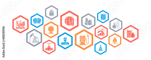 Oil industry infographic template with colored icons. Fuel Truck, Engineer, Gasoline, Cargo Ship vector illustration. Web banner layout template.