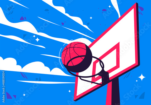 vector illustration of a basketball with a basketball ring on a sky background with clouds © Leonid