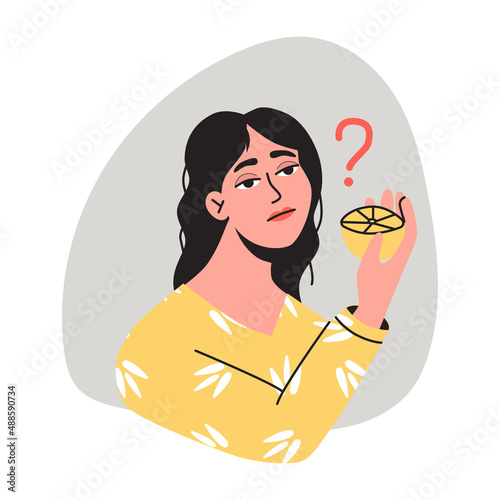 Lossing taste and smell concept. Anosmia or smell blindness, respiratory illness, long covid. Women trying to sense smell of a lemon. Flat vector illustration photo