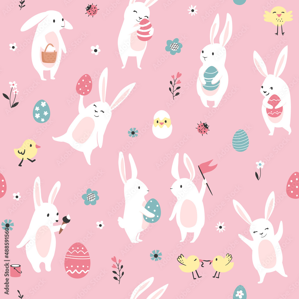 Easter pattern with cute bunnies, spring seamless background. Vector illustration. Easter pattern with cute bunnies, spring seamless background. Vector illustration.