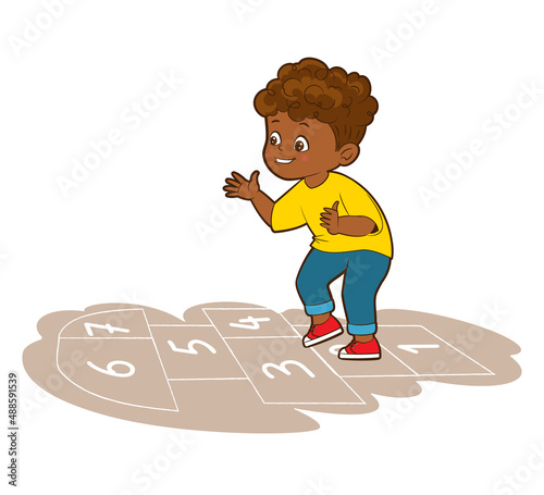 A small swarthy boy in a yellow T-shirt is jumping while playing hopscotch. Vector illustration in cartoon style