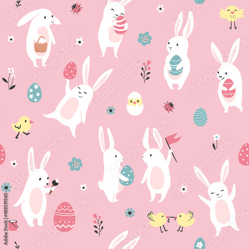 Easter pattern with cute bunnies, spring seamless background. Vector illustration.